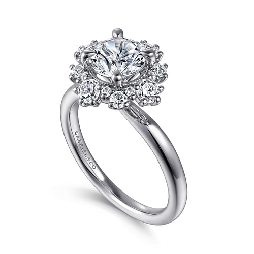 14K White Gold Bursting Halo Round Diamond Engagement Ring