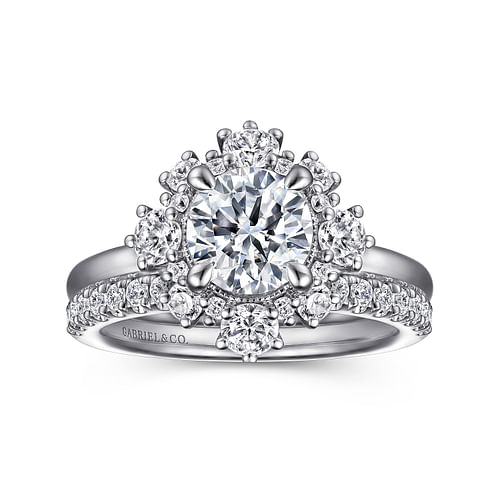 14K White Gold Bursting Halo Round Diamond Engagement Ring