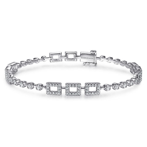 14K White Gold Buttercup Diamond Tennis Bracelet with Rectangle Stations