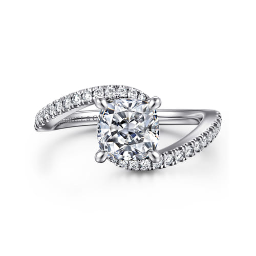 14K White Gold Bypass Cushion Cut Diamond Engagement Ring
