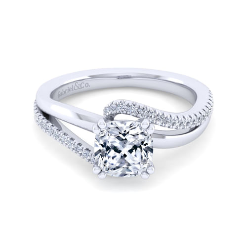 14K White Gold Bypass Cushion Cut Diamond Engagement Ring
