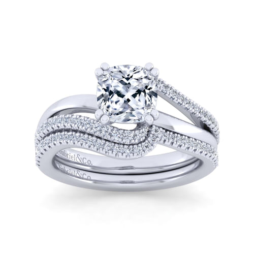 14K White Gold Bypass Cushion Cut Diamond Engagement Ring