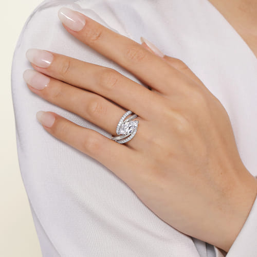14K White Gold Bypass Marquise Shape Diamond Engagement Ring