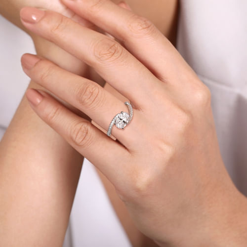 14K White Gold Bypass Oval Diamond Engagement Ring