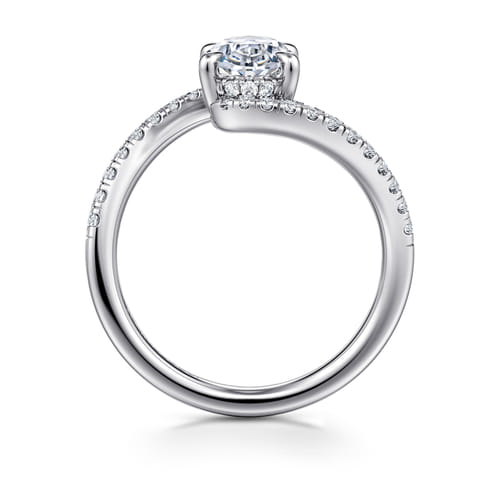 14K White Gold Bypass Oval Shape Hidden Halo Diamond Engagement Ring