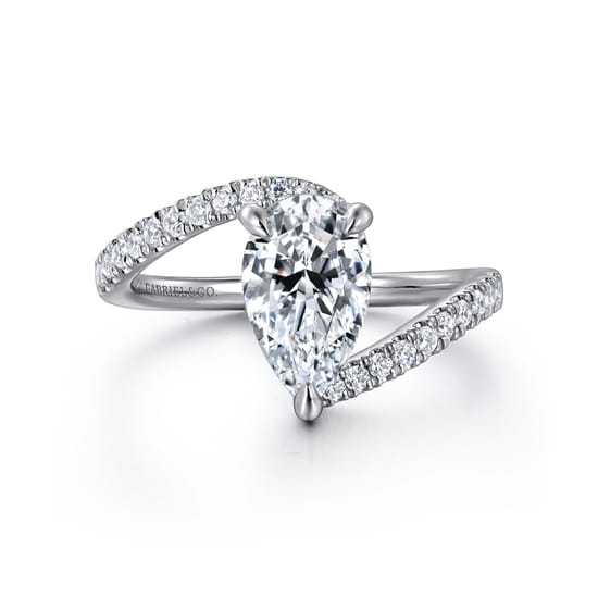 14K White Gold Bypass Pear Shape Hidden Halo Diamond Engagement Ring