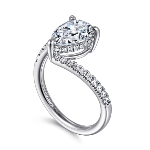 14K White Gold Bypass Pear Shape Hidden Halo Diamond Engagement Ring