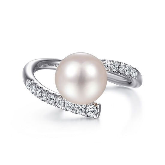 Gabriel - 14K White Gold Bypass Pearl and Diamond Ring