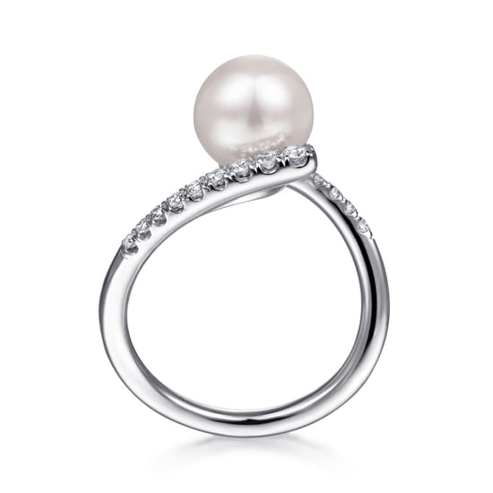 14K White Gold Bypass Pearl and Diamond Ring angle 2