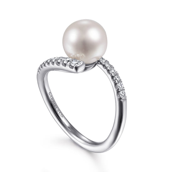 14K White Gold Bypass Pearl and Diamond Ring angle 3