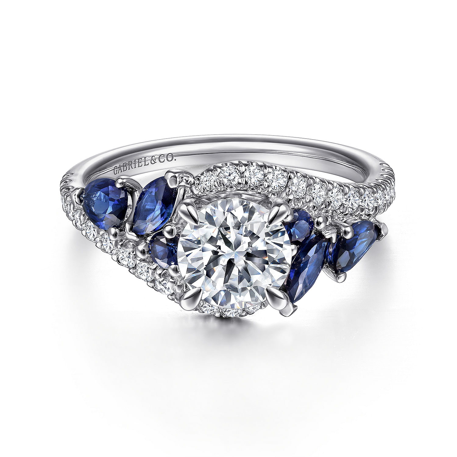 Gabriel - 14K White Gold Bypass Round Sapphire and Diamond Engagement Ring
