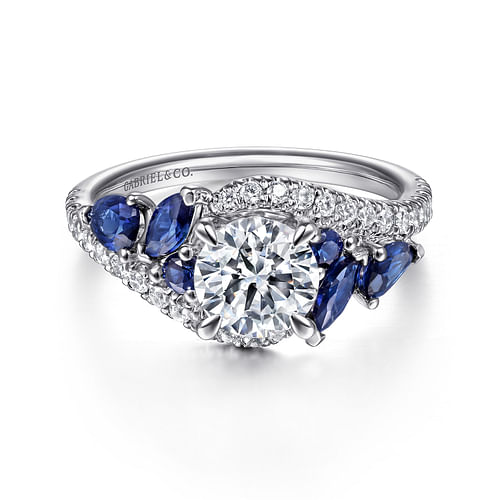 14K White Gold Bypass Round Sapphire and Diamond Engagement Ring