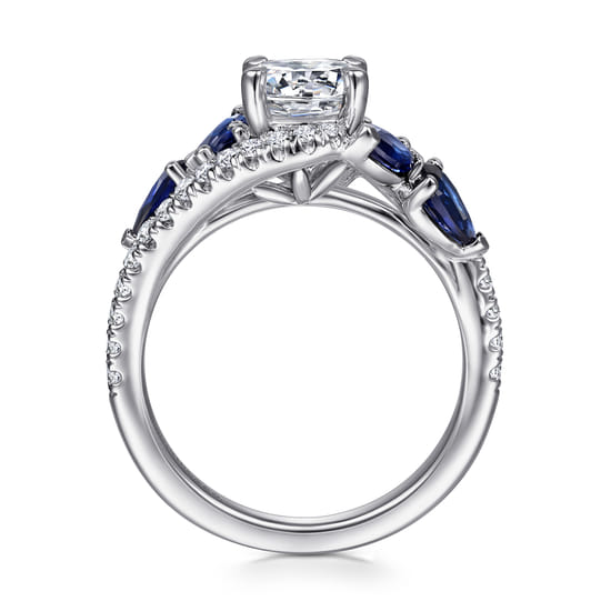 14K White Gold Bypass Round Sapphire and Diamond Engagement Ring angle 2
