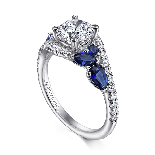 14K White Gold Bypass Round Sapphire and Diamond Engagement Ring