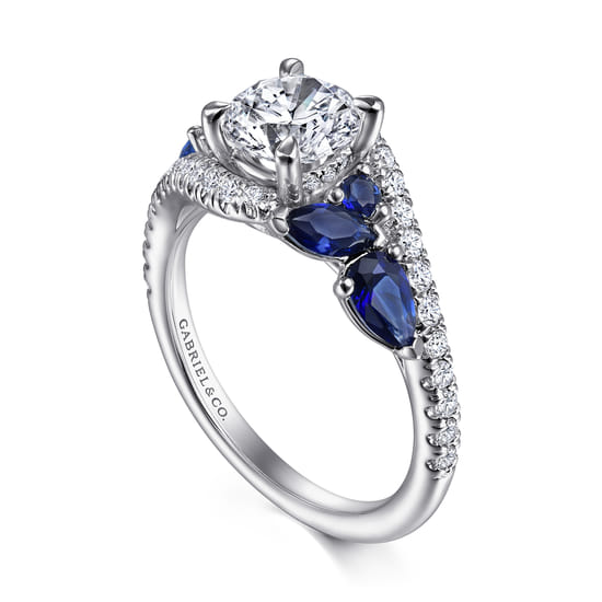 14K White Gold Bypass Round Sapphire and Diamond Engagement Ring angle 3