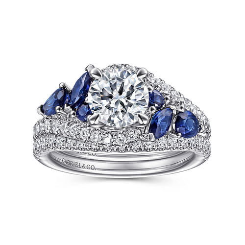 14K White Gold Bypass Round Sapphire and Diamond Engagement Ring