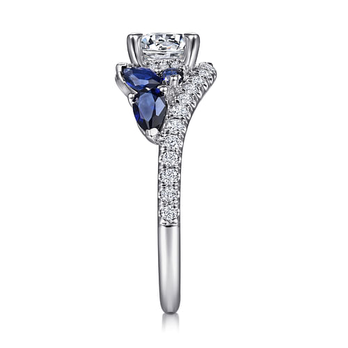 14K White Gold Bypass Round Sapphire and Diamond Engagement Ring