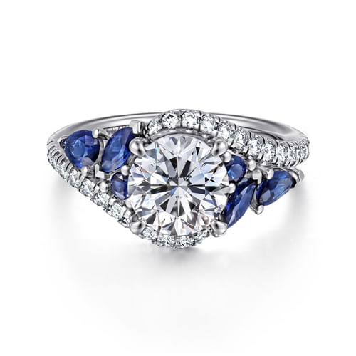 14K White Gold Bypass Round Sapphire and Diamond Engagement Ring