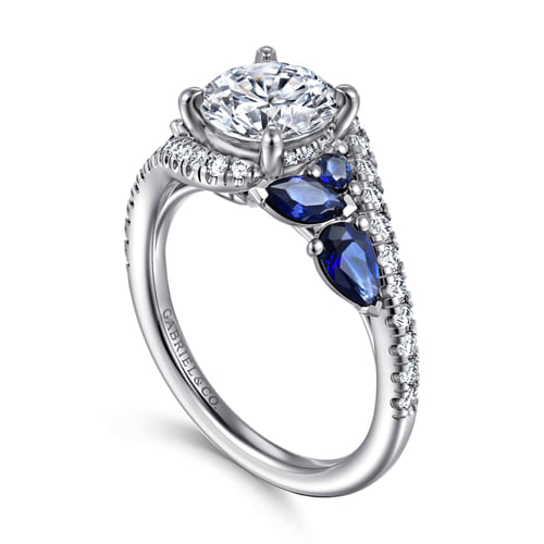 14K White Gold Bypass Round Sapphire and Diamond Engagement Ring