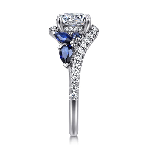 14K White Gold Bypass Round Sapphire and Diamond Engagement Ring