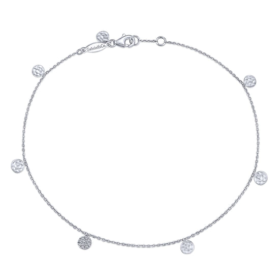 Gabriel - 14K White Gold Chain Ankle Bracelet with Round Hammered and Diamond Disc Drops