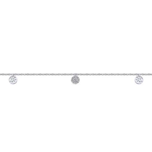 14K White Gold Chain Ankle Bracelet with Round Hammered and Diamond Disc Drops