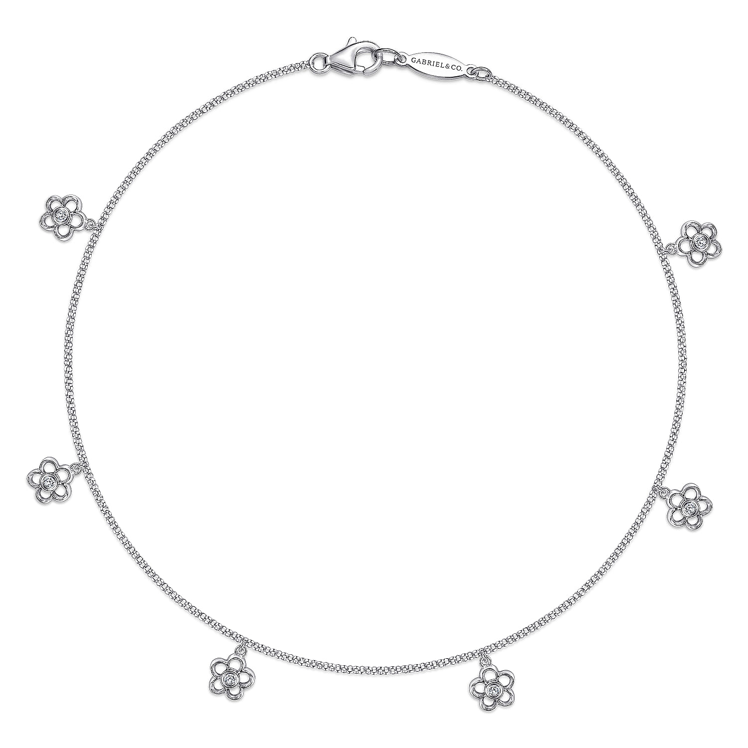 Gabriel - 14K White Gold Chain Ankle Bracelet with White Gold Diamond Flower Charms