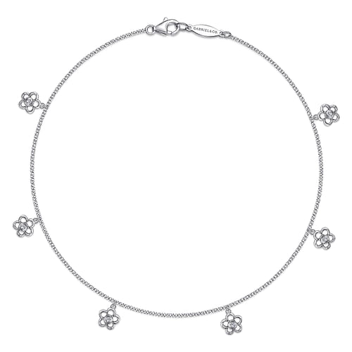 14K White Gold Chain Ankle Bracelet with White Gold Diamond Flower Charms