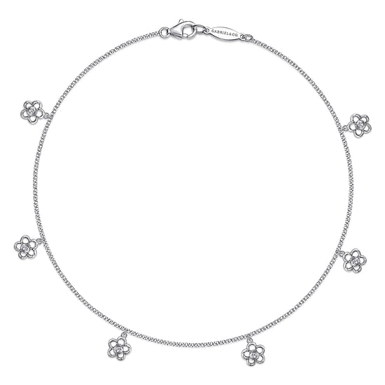 Gabriel - 14K White Gold Chain Ankle Bracelet with White Gold Diamond Flower Charms