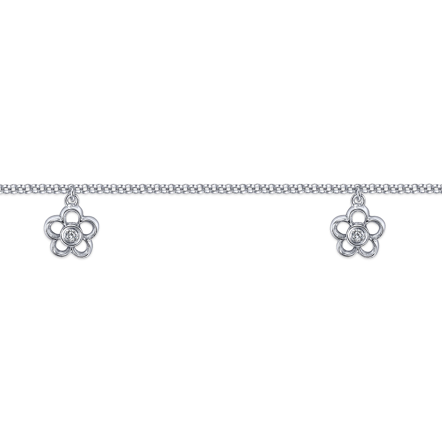 14K White Gold Chain Ankle Bracelet with White Gold Diamond Flower Charms