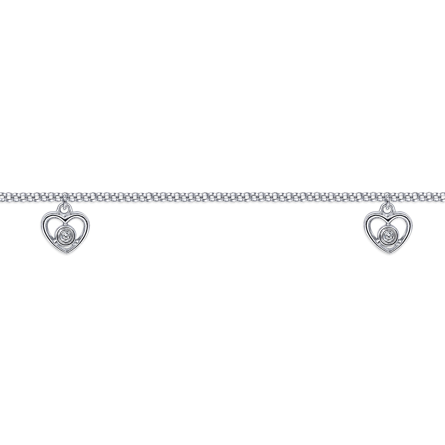 14K White Gold Chain Ankle Bracelet with White Gold Diamond Heart Charms