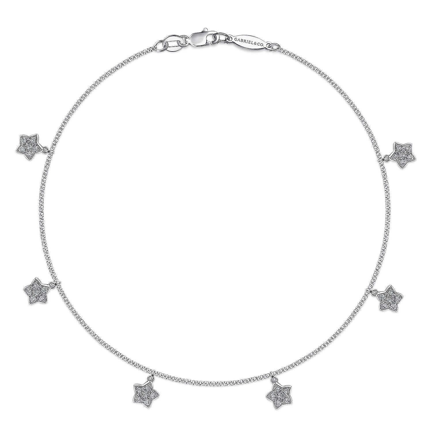 Gabriel - 14K White Gold Chain Ankle Bracelet with White Gold Diamond Star Charms
