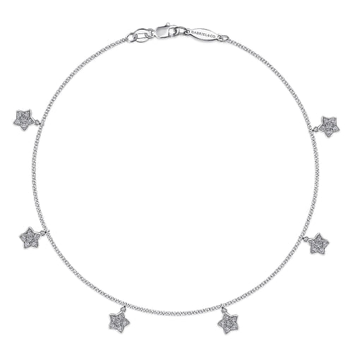 14K White Gold Chain Ankle Bracelet with White Gold Diamond Star Charms