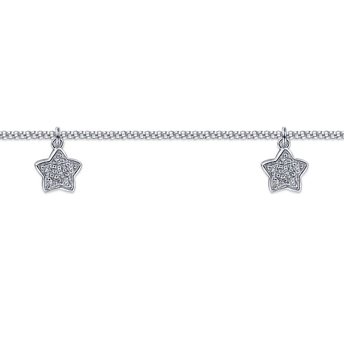 14K White Gold Chain Ankle Bracelet with White Gold Diamond Star Charms