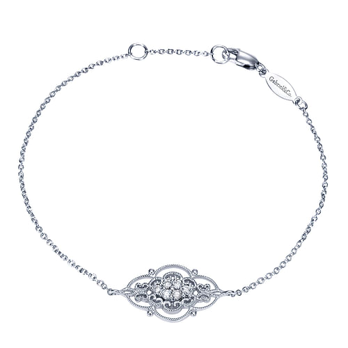 14K White Gold Chain Bracelet with Diamond Filigree Center Station