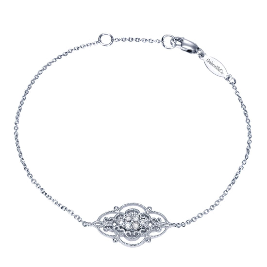 Gabriel - 14K White Gold Chain Bracelet with Diamond Filigree Center Station