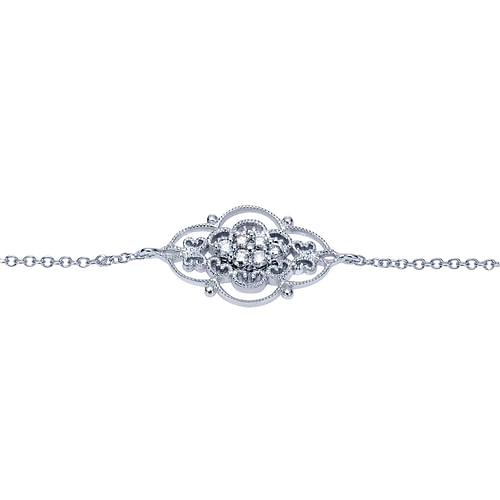 14K White Gold Chain Bracelet with Diamond Filigree Center Station