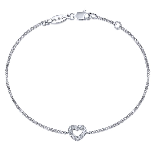 14K White Gold Chain Bracelet with Pavé Diamond Heart