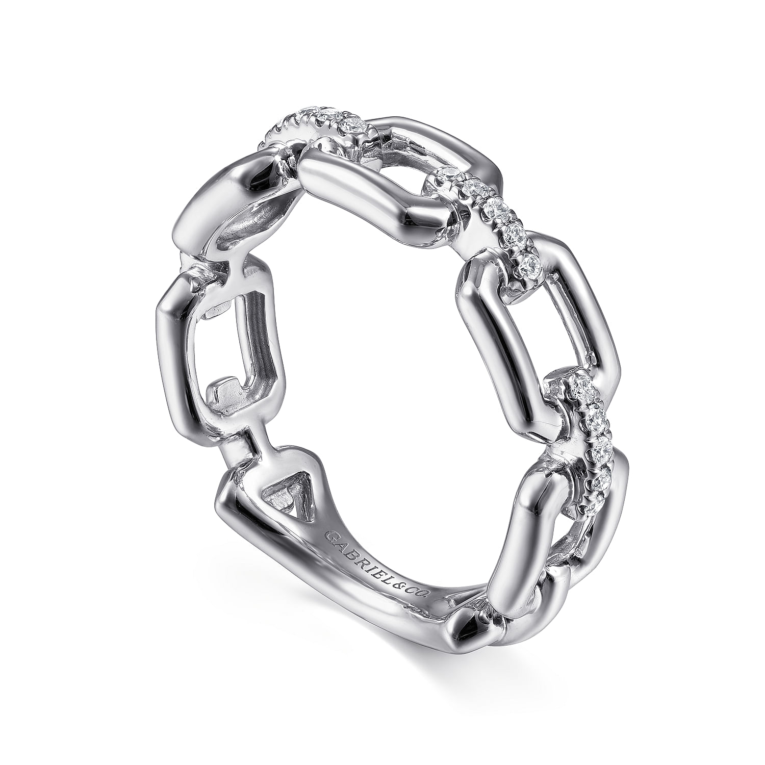 14K White Gold Chain Link Ring Band with Diamond Connectors