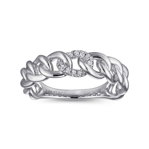 14K White Gold Chain Link Ring Band with Pavé Diamond Station