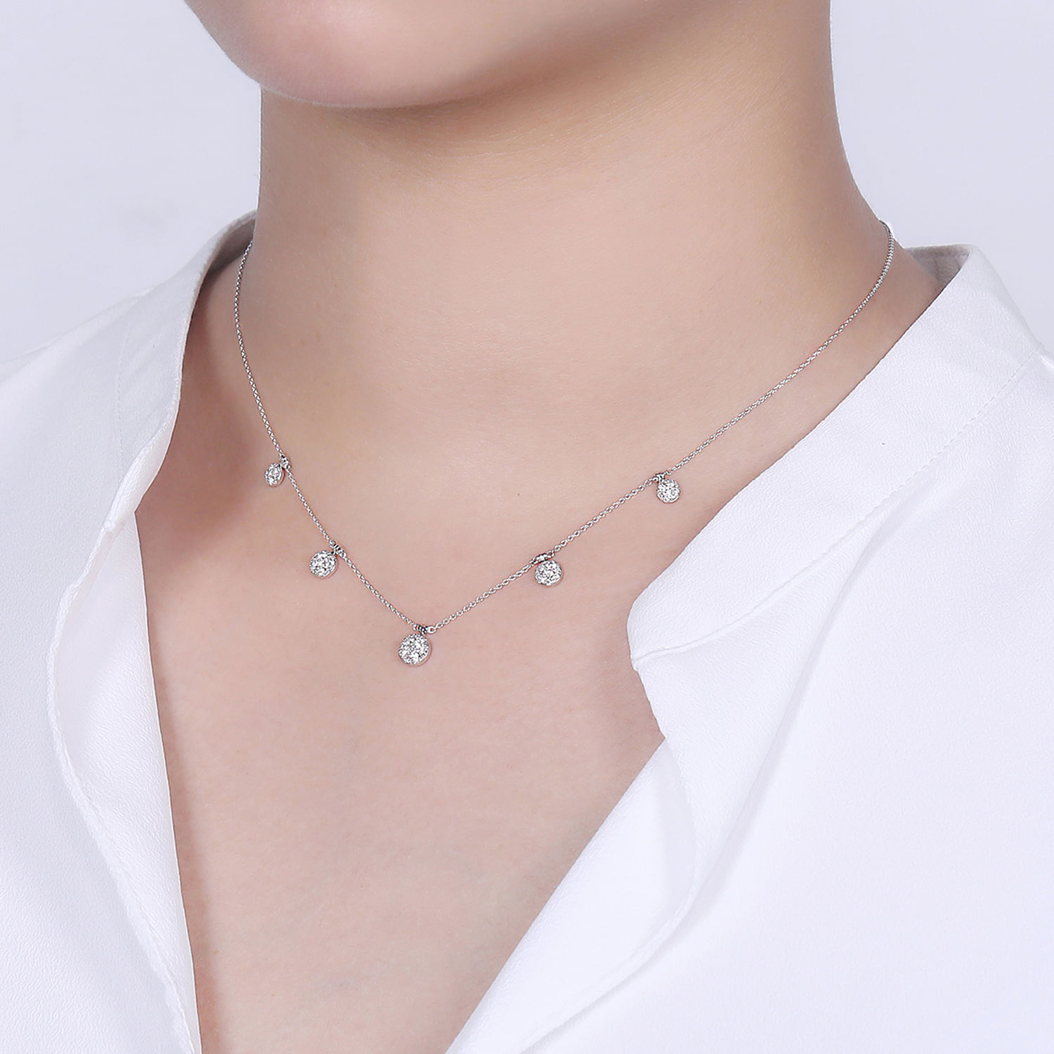 14K White Gold Chain Necklace with Pavé Diamond Disc Drops