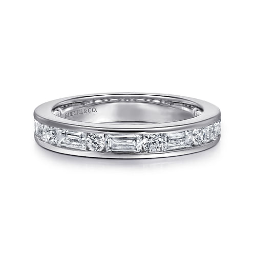 14K White Gold Channel Baguette and Round Diamond Anniversary Band