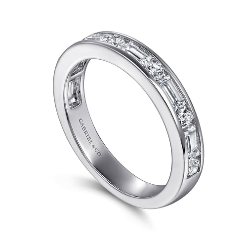 14K White Gold Channel Baguette and Round Diamond Anniversary Band