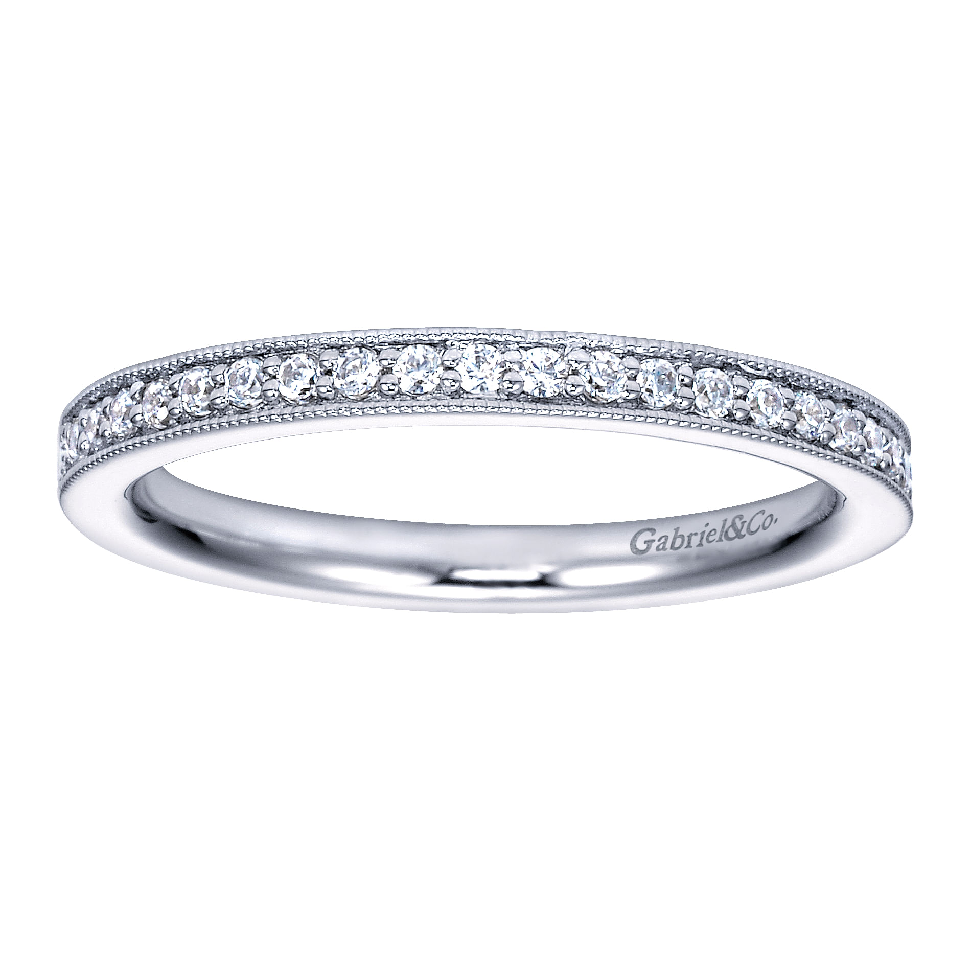 14K White Gold Channel Prong Diamond Wedding Band with Milgrain