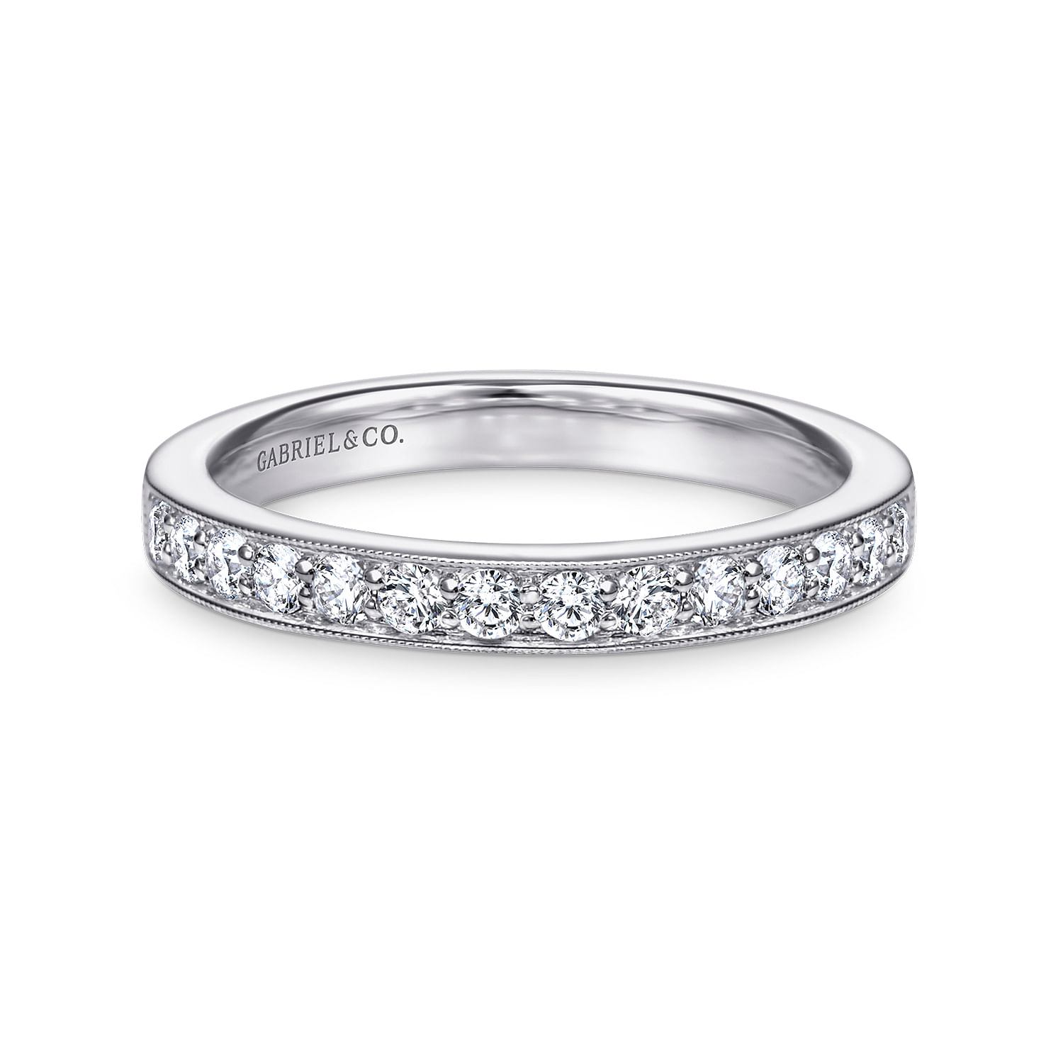 14K White Gold Channel Prong Diamond Wedding Band with Milgrain