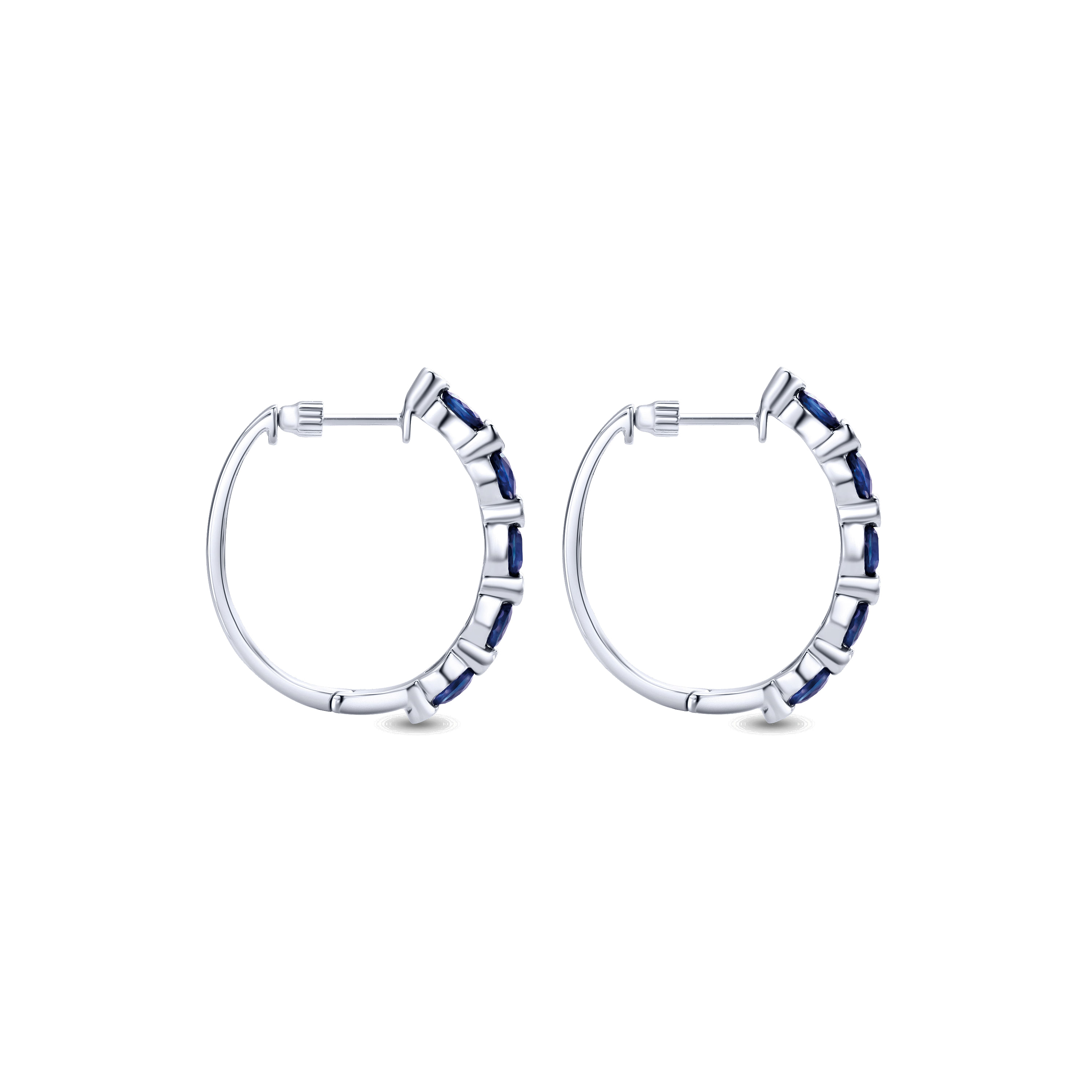 14K White Gold Channel Set  25mm Round Classic Diamond & Sapphire Hoop Earrings