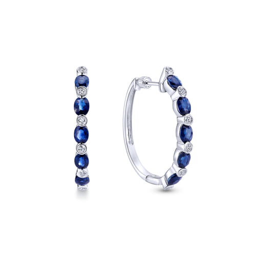 14K White Gold Channel Set 25mm Round Classic Diamond & Oval Sapphire Hoop Earrings