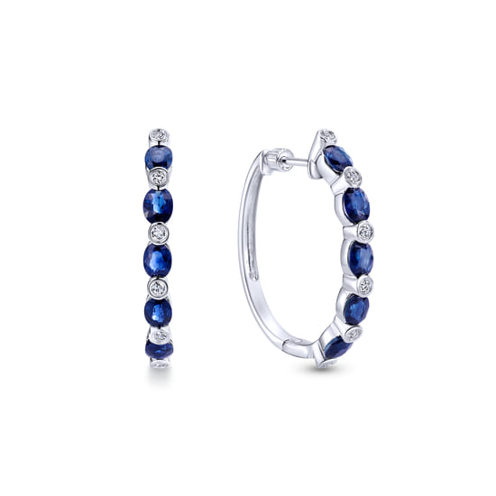14K White Gold Channel Set 25mm Round Classic Diamond & Oval Sapphire Hoop Earrings 14K White Gold Channel Set 25mm Round Classic Diamond & Oval Sapphire Hoop Earrings