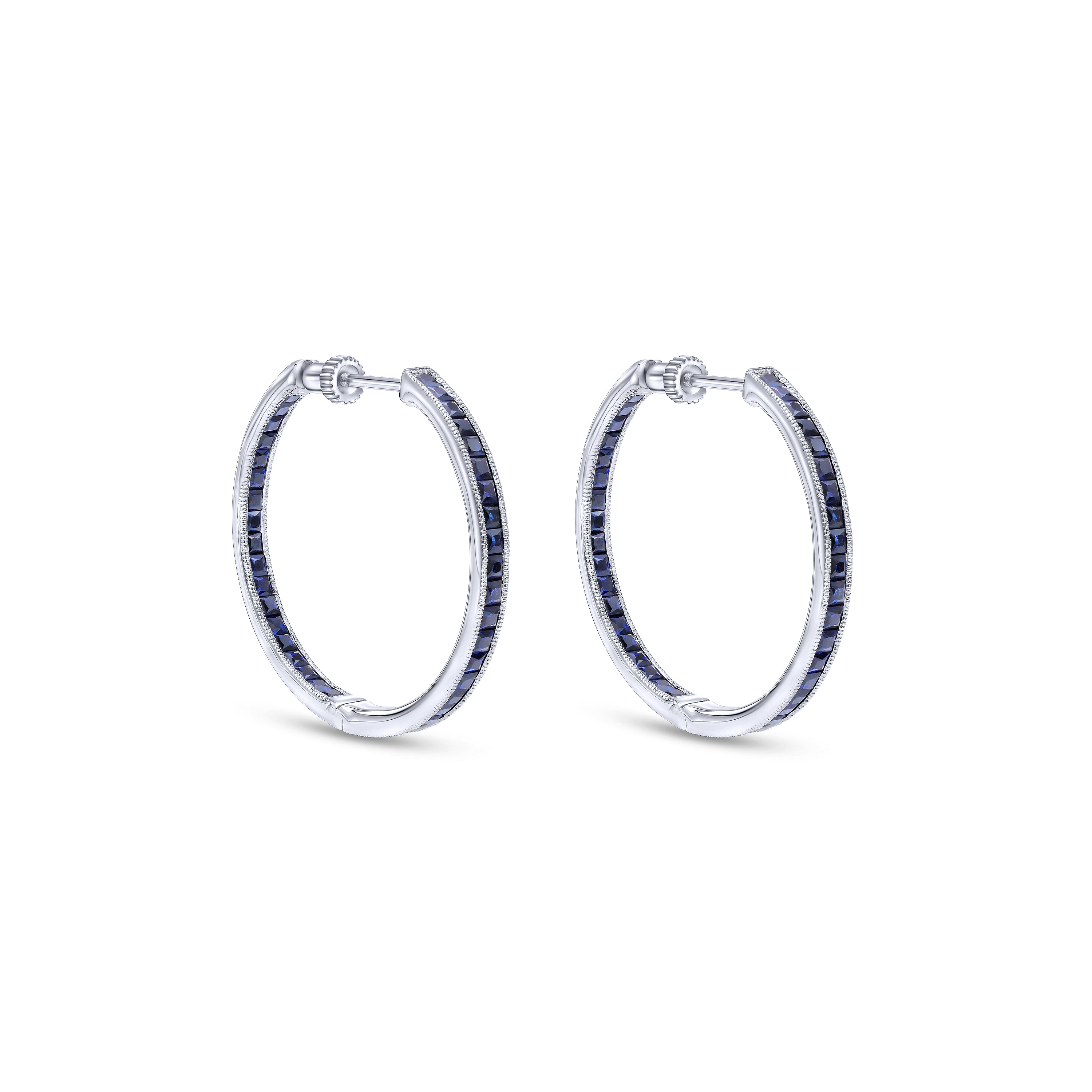 14K White Gold Channel Set 30mm Round Inside Out Sapphire Hoop Earrings