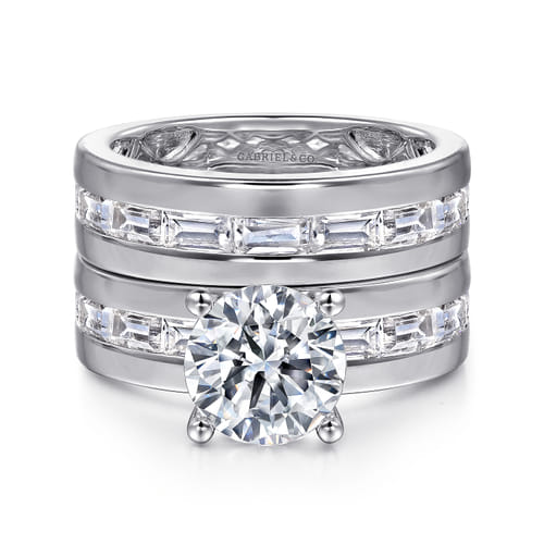 14K White Gold Channel Set Baguette Round Diamond Engagement Ring